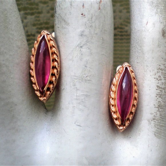Vintage Russian Russia USSR 14K 585 Rose Gold Pink Tourmaline Marquise EARRINGS - Picture 1 of 8